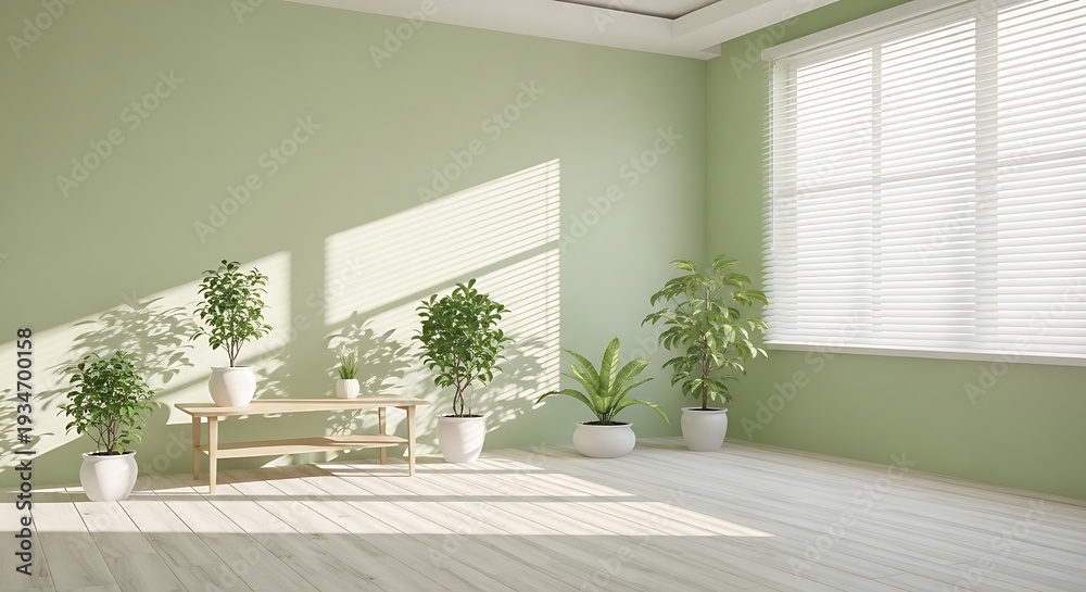 Fototapeta premium A serene and modern minimalist room with plants and natural light pouring in through the large window