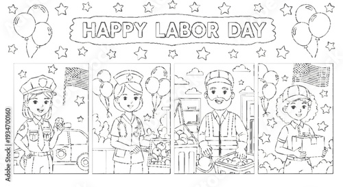 Happy labor day coloring page with workers in various professions and festive balloons