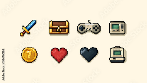 Pixel Art Game Icons Sword, Treasure Chest, Controller, Game Console, Coin, Heart, Soul, and Retro Device