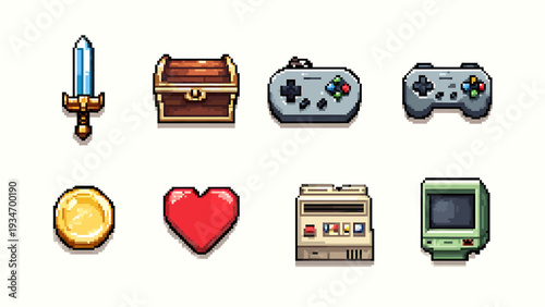 Retro pixel art gaming icons classic controllers, treasure, sword, heart, coin, and vintage consoles for game design and nostalgic digital projects