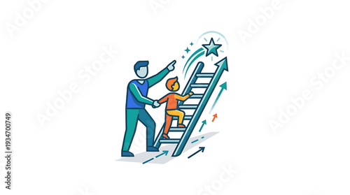 Mentor guiding a child up a ladder towards success and achievement, symbolizing growth and aspiration