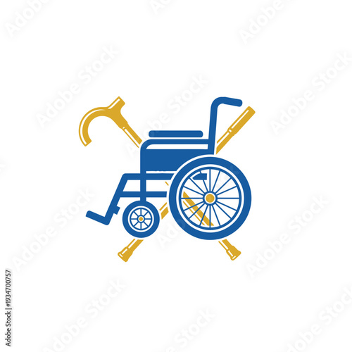 Depiction Of A Blue Wheelchair And Yellow Canes Crosswise, On A White Background