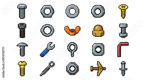 Retro pixel art collection of mechanical fasteners and hardware tools, including screws, nuts, washers, and wrenches, ideal for game design and industrial projects
