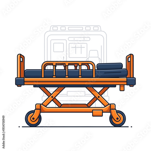 Depiction Of A Medical Stretcher In Front Of An Ambulance Vector Illustration Concept