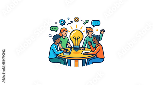 Brainstorming session with a bright idea lightbulb, symbolizing teamwork and creative collaboration for innovative solutions