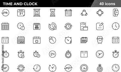 Time and Clock Thin Line Icons Set Scheduling Tools, 24 7 Availability Symbols, Calendar Deadlines, Precision Timers and Productivity Management Icons for Business