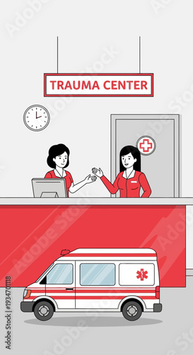 Depiction of a Trauma Center Scene Featuring Medical Staff, Ambulance, and Healthcare Elements