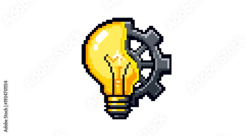 Pixel art icon bright, glowing light bulb combined with a mechanical gear, symbolizing innovative ideas, creative thinking, and efficient engineering or strategic system development