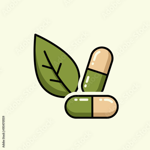 Depicting Natural Wellness: A Leaf and Capsule Duo Representing Herbal Remedies
