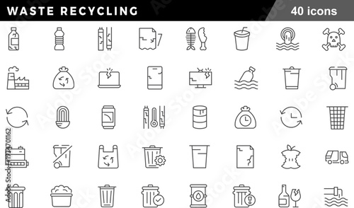 Waste Recycling Thin Line Icons Set Environmental Management, Trash Disposal Bins, Material Recovery, Circular Economy and Sustainability Symbols for Ecology
