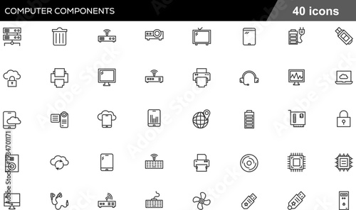 Computer Components Thin Line Icons Set PC Hardware, Internal Processors, Peripheral Devices, Storage Drives and Networking Equipment Symbols for Tech Infrastructure