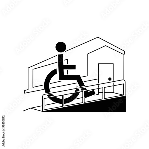 Depiction Of Accessible Building Entrance Featuring Wheelchair Ramp And Inclusive Design
