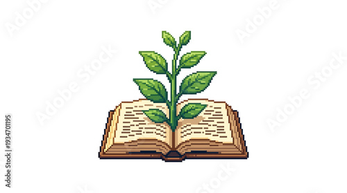 Pixel art illustration of an open book with a growing green plant emerging from its pages, symbolizing knowledge and growth