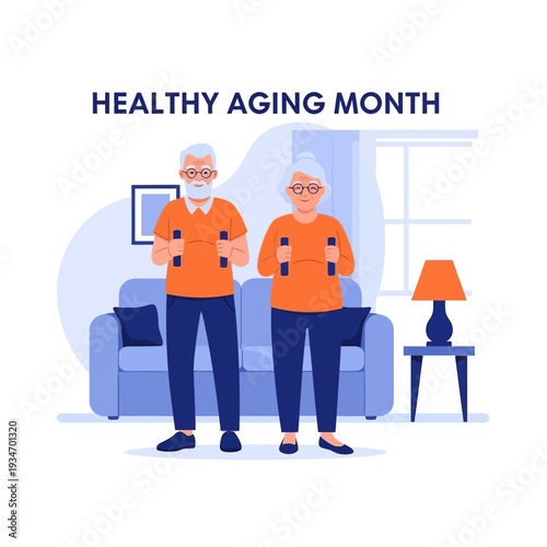 Depiction Of Elderly Couple Exercising During Healthy Aging Month, Staying Active Together