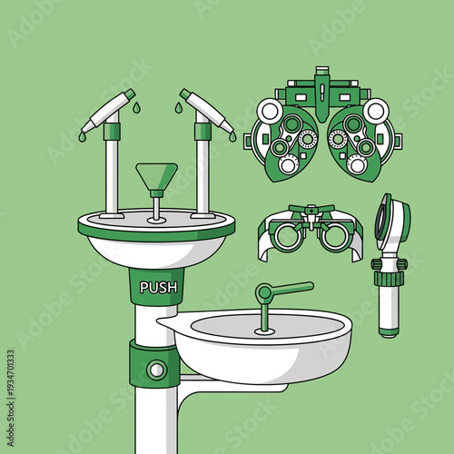 Depiction Of Essential Ophthalmic Instruments And Equipment Against A Green Backdrop