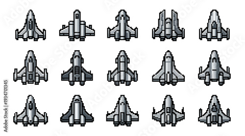 Collection of fifteen diverse pixel art spaceship designs in top-down view, showcasing futuristic combat aircraft and retro game assets for sci-fi video games and digital graphics projects