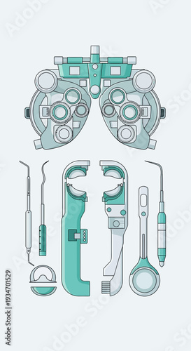 Depiction of Ophthalmic Instruments and Optometry Equipment for Eye Examination and Vision Testing