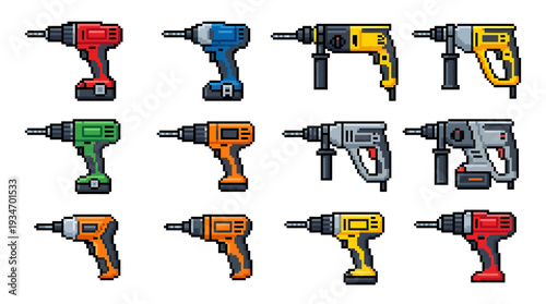 Collection of power drills, percussion drills, and impact drills for construction and home renovation projects