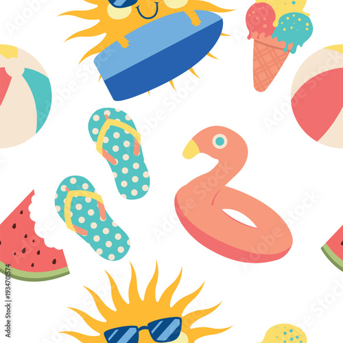 Seamless vector pattern with summer vacation doodles. Colorful repeatable background with sun, beach ball, flamingo floaty, and ice cream for textile, wallpaper, and seasonal wrapping paper design.