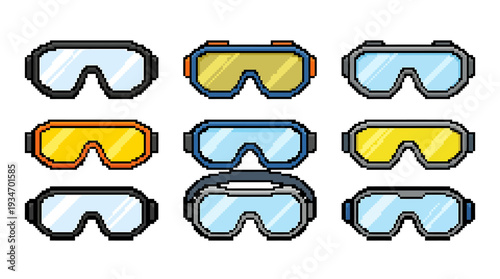 Pixel art collection of various ski goggles and safety glasses, rendered in a retro digital style
