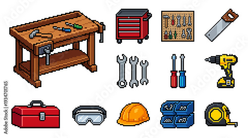 Pixel art collection of various tools and workshop equipment, including a workbench, toolbox, saw, drill, and safety gear