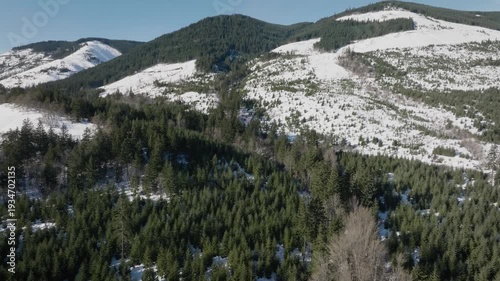 Aerial drone footage over a mountain forest setting with clear cutting in winter.