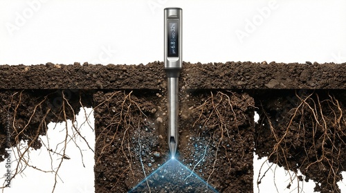 Hyper-realistic orthographic cross-section of a digital soil moisture sensor embedded in agricultural earth