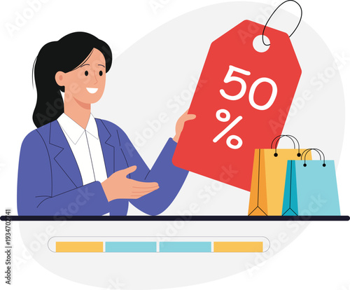 Flat vector illustration of a smiling woman holding a large fifty percent discount price tag