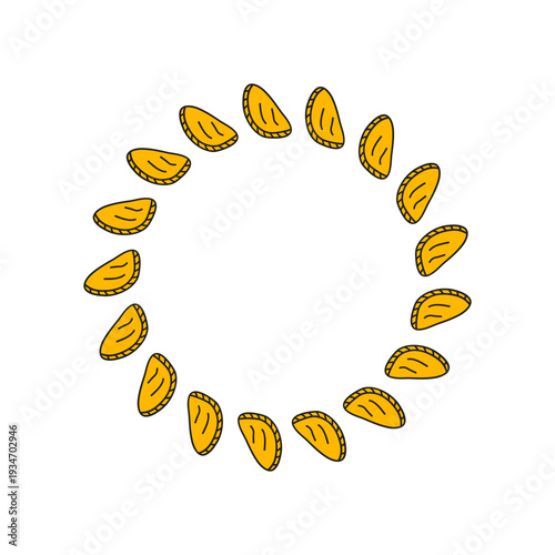 Cute round frame with doodle empanadas pies isolated on white background. Traditional Latin America cuisine.