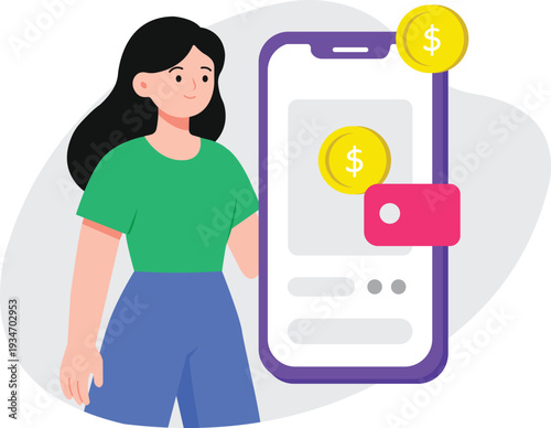 Young woman using mobile wallet app for digital payments in modern flat vector illustration style