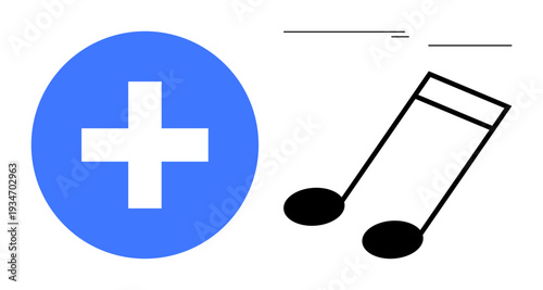 Blue circular cross next to black music notes with bars and stems combining health and music. Ideal for wellness, therapy, inspiration, healing arts, creativity, balance, simple flat metaphor