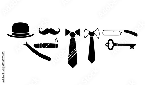 Minimal gentleman accessory silhouettes with bowler hat flat vector illustration isolated on white background