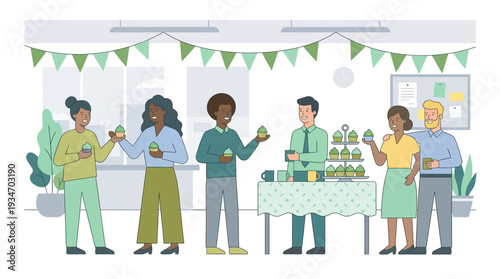 Diverse Office Team Celebrating St Patrick’s Day with Cupcakes – Workplace Culture Illustration