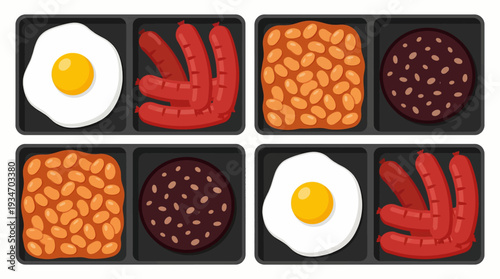 Traditional full English or Irish breakfast ingredients in meal prep containers top view