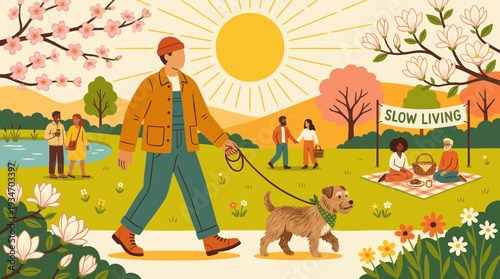 People relaxing in spring park walking dog and having picnic with slow living banner