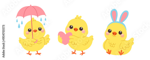 Easter chicks illustration, cute yellow baby chickens with umbrella heart and bunny ears, spring holiday characters