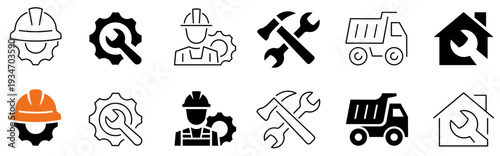 Construction icon set. Engineering icons. Builder. Home repair. Tools. Maintenance. Building truck. Editable stroke. Vector illustration