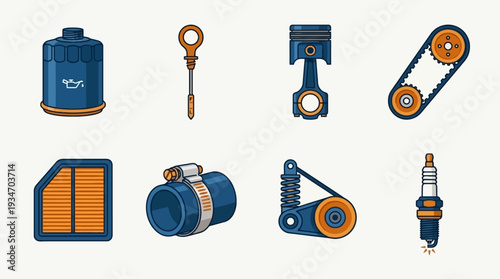Automobile Engine Parts and Maintenance Components Vector Icons Set