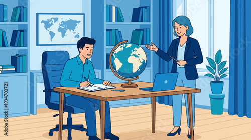 Teacher Explaining World Globe to Student in Study Room Illustration