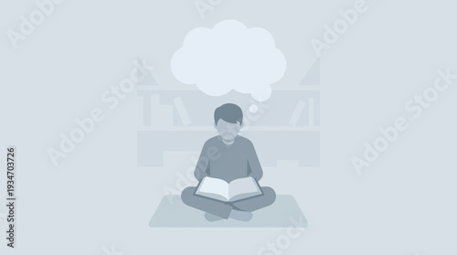 Person reading book with thought bubble, flat design illustration