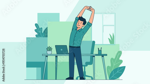 Happy Man Stretching at Office Desk During Work Break Illustration