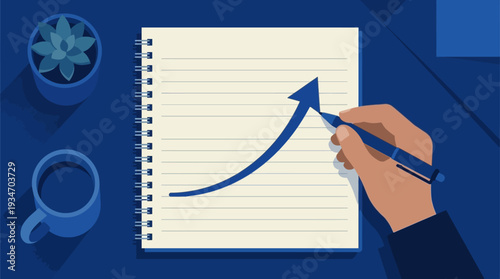 Hand Drawing Growth Arrow on Notebook with Plant and Mug