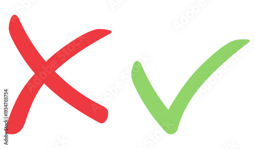 Hand drawn checkmark icons in red and green. Brush tick mark and cross symbol set. Vector illustration isolated on white background.