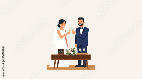 Newlyweds bride and groom toasting with champagne glasses at wedding