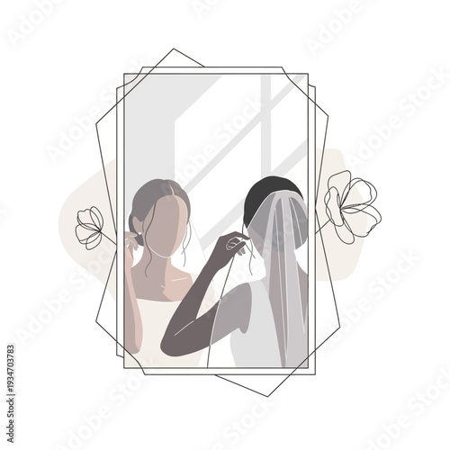 Bride and bridesmaid reflected in mirror preparing for wedding