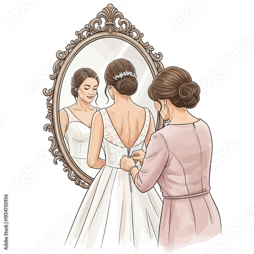 Woman helping bride fasten wedding dress in ornate mirror reflection