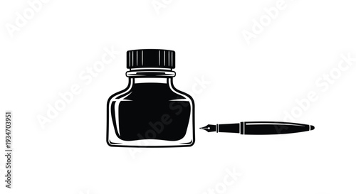 Elegant inkwell and nib pen depicted in a striking black and white style