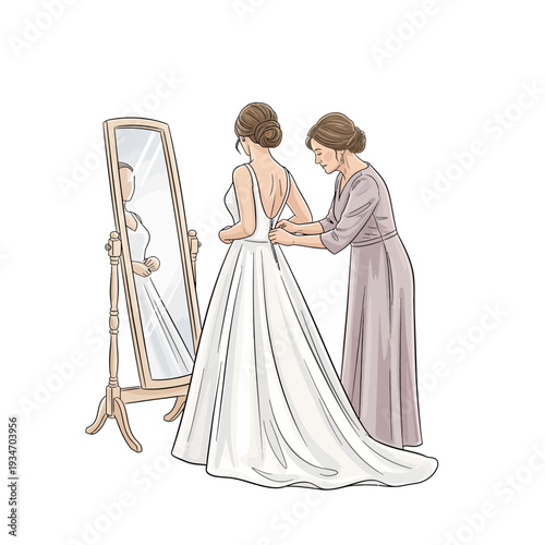 Bride Getting Ready: Woman Fastening Wedding Dress Buttons