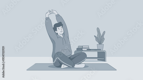 Happy man stretching arms on yoga mat indoors, flat illustration