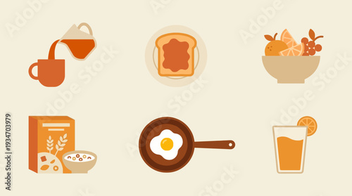 Breakfast icons set with common food and drink items